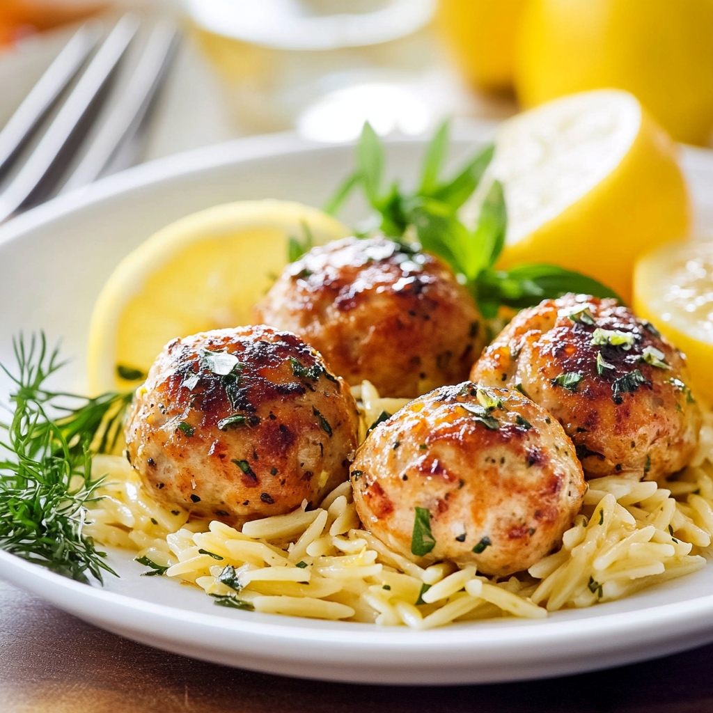 Greek Chicken Meatballs with Lemon Orzo