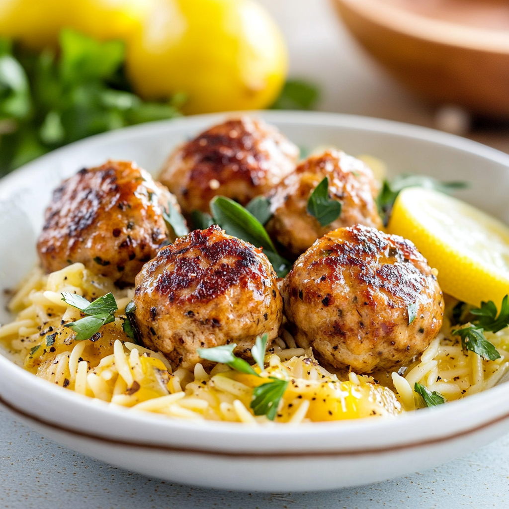 Greek Chicken Meatballs with Lemon Orzo