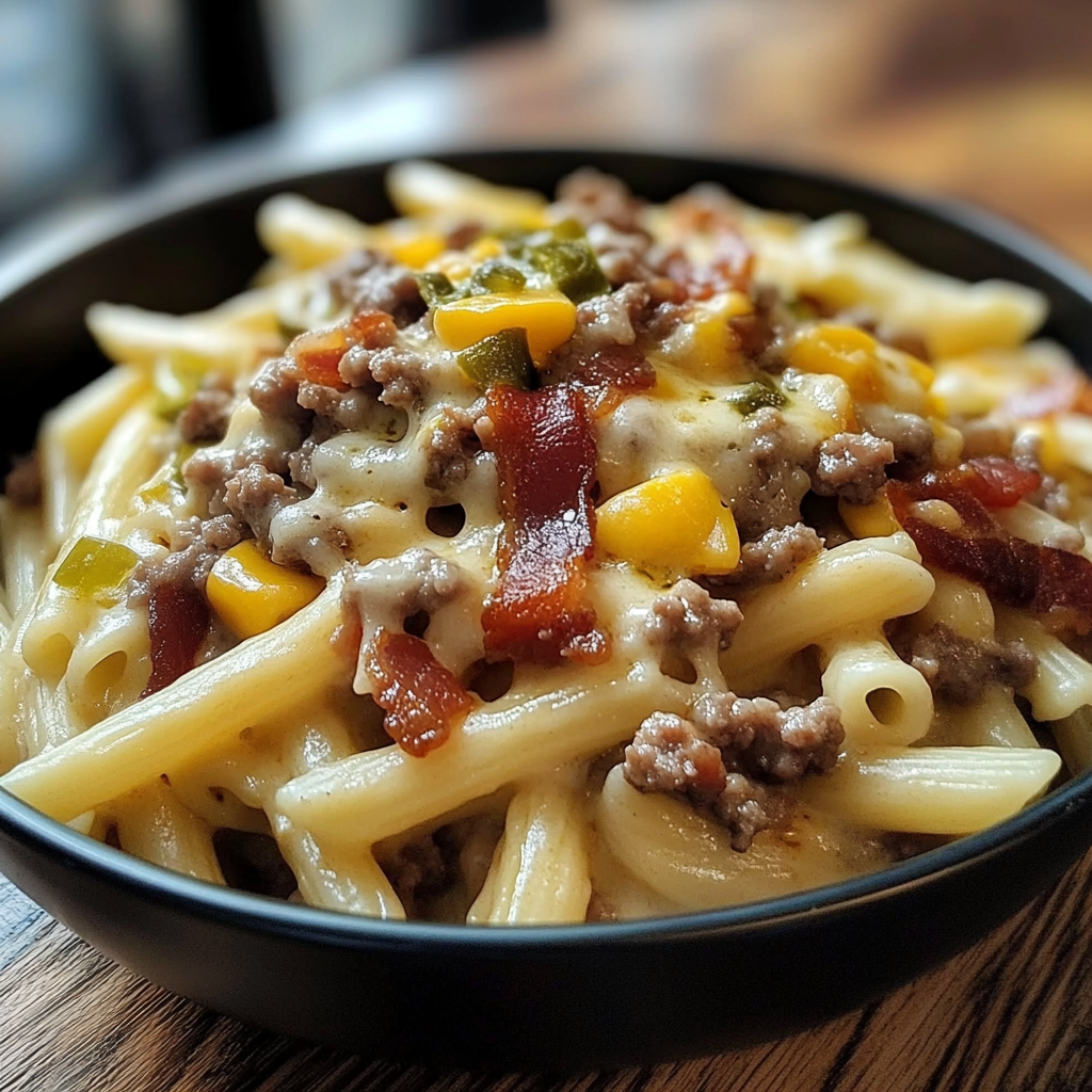 Recipe preparation for Loaded Bacon Cheeseburger Pasta