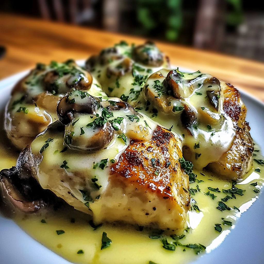 Recipe preparation for Cheesy Garlic Butter Mushroom Stuffed Chicken