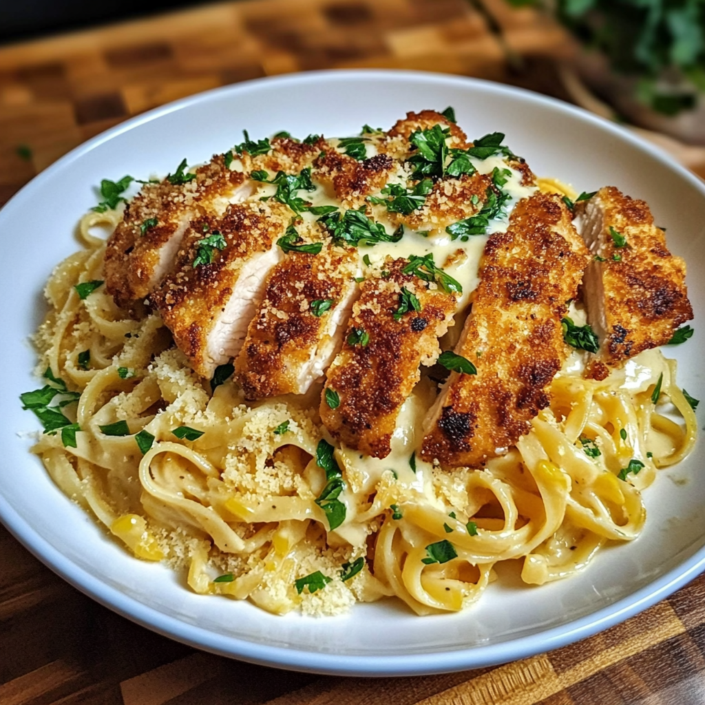 Recipe preparation for Crispy Chicken Fettuccine Alfredo