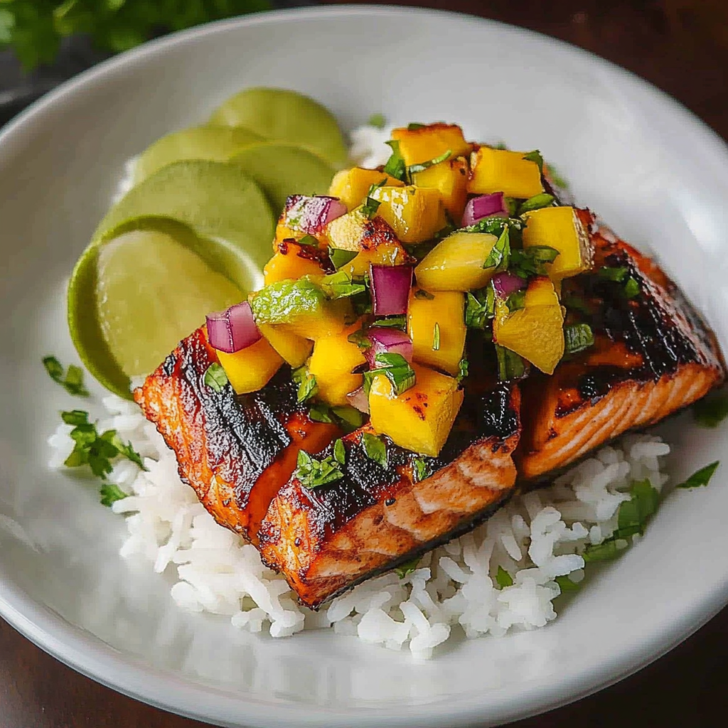 Recipe preparation for Grilled Salmon Mango Salsa