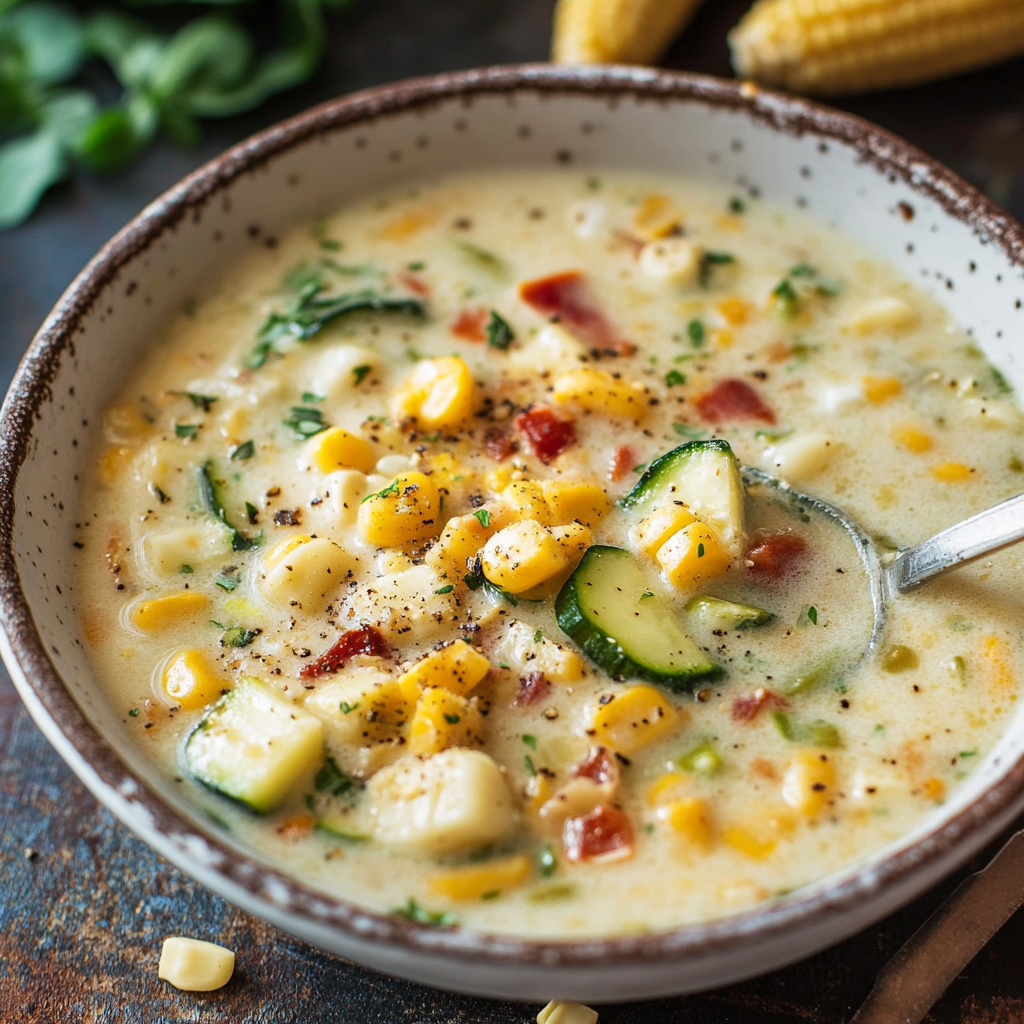 Recipe preparation for Summer Fresh Corn and Zucchini Chowder