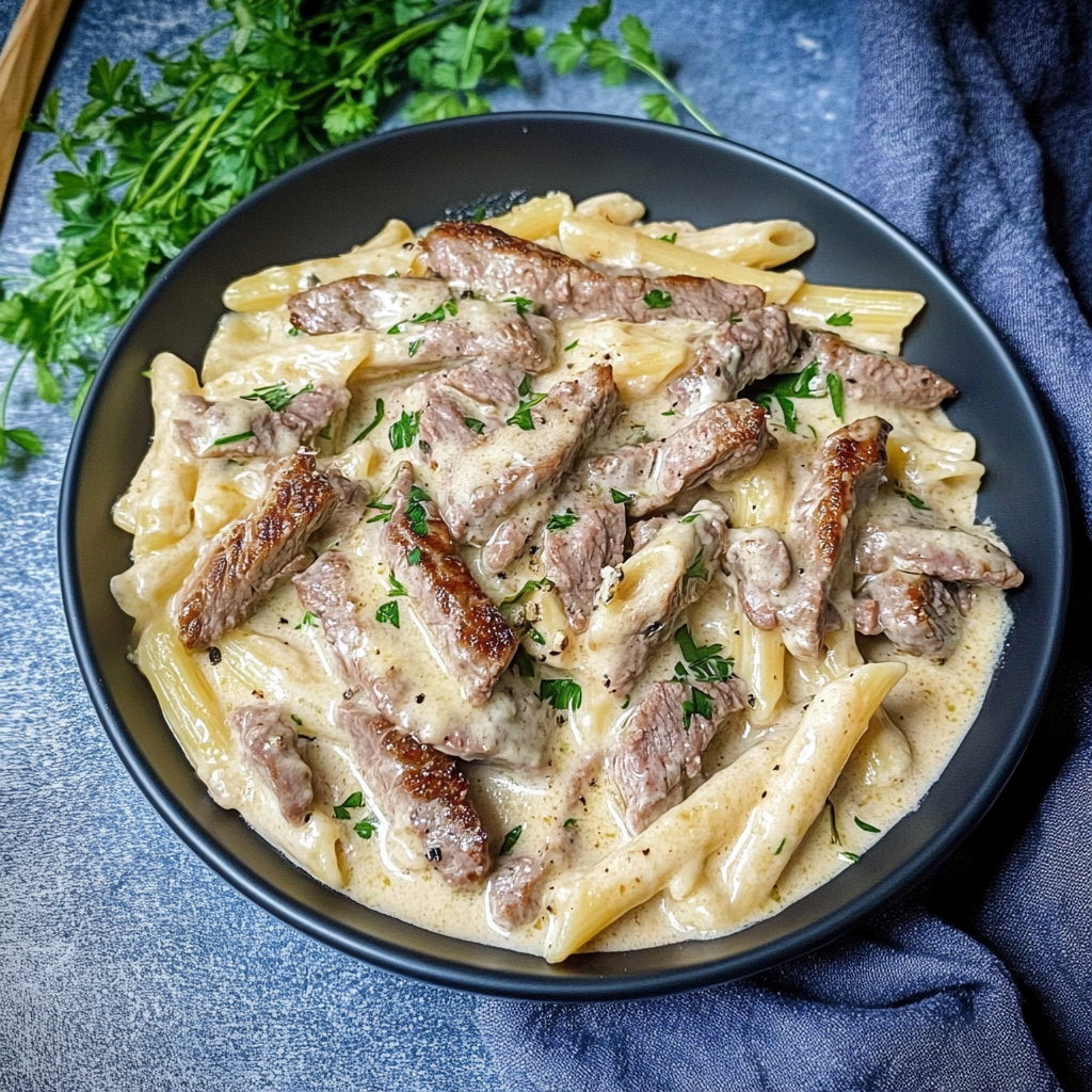 Recipe preparation for Steak Creamy Garlic Pasta