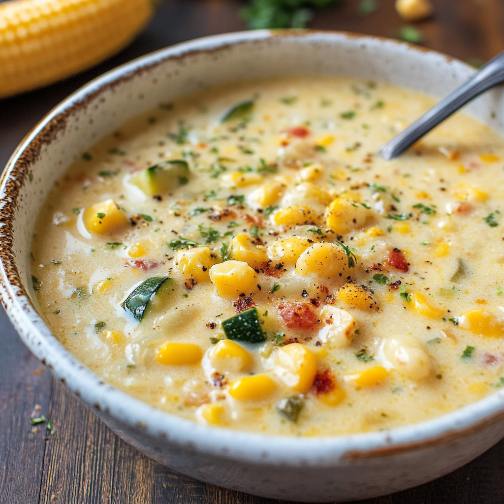 Recipe preparation for Summer Fresh Corn and Zucchini Chowder