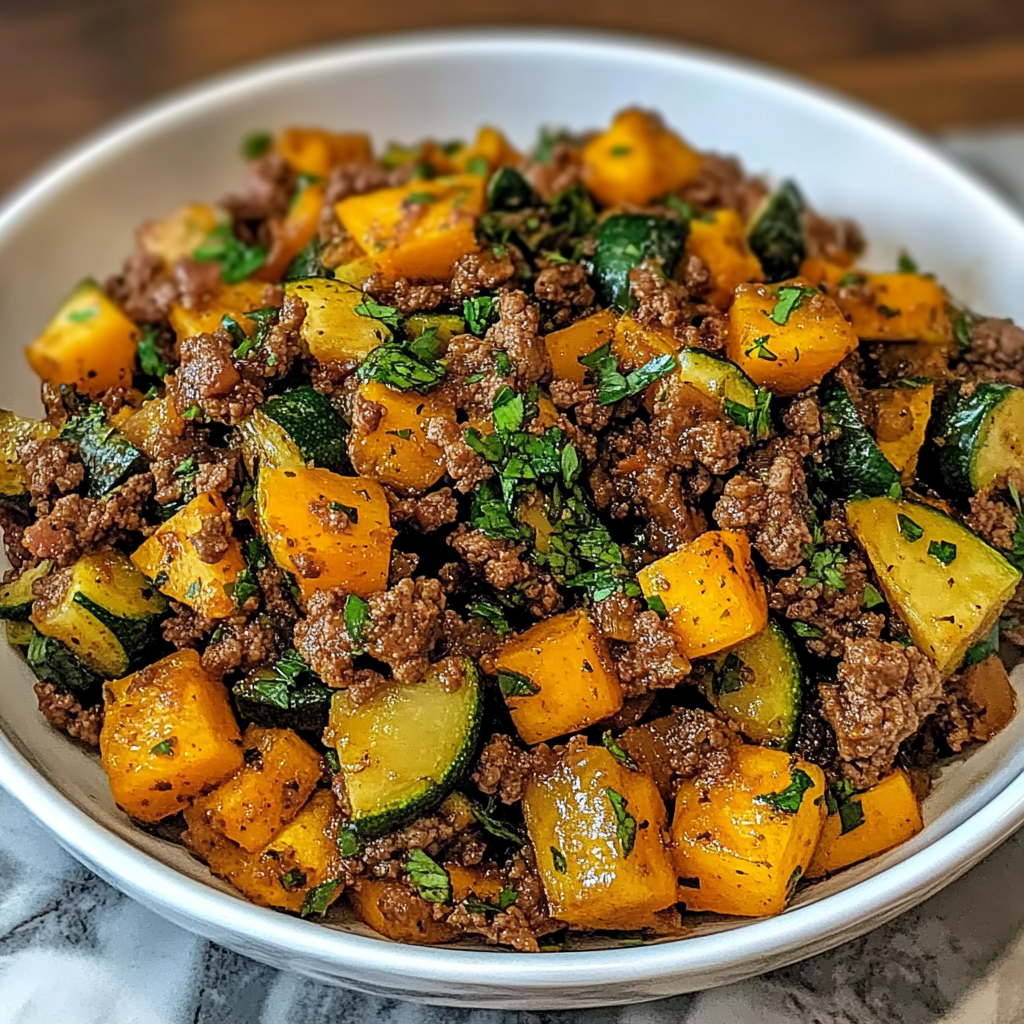 Recipe preparation for Ground Beef Zucchini Sweet Potato Skillet