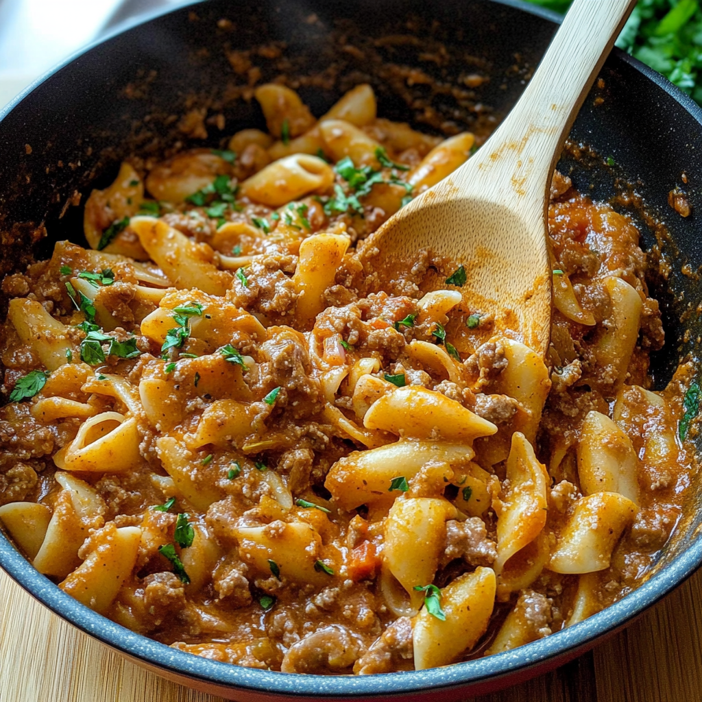 Recipe preparation for Cheesy Beef Pasta