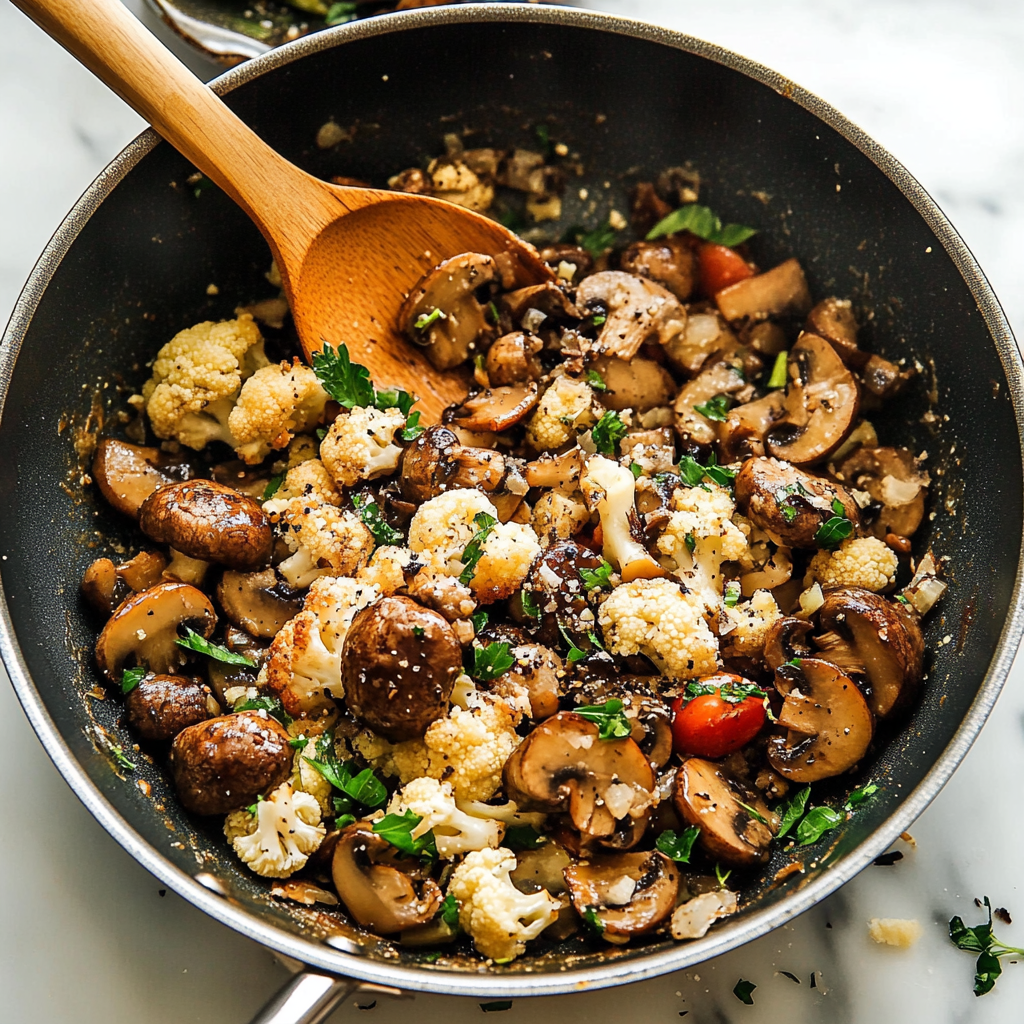 Recipe preparation for Garlic Mushrooms Cauliflower Skillet