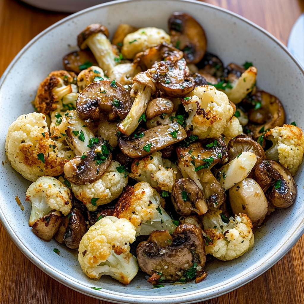 Recipe preparation for Garlicy Roasted Cauliflower & Mushrooms