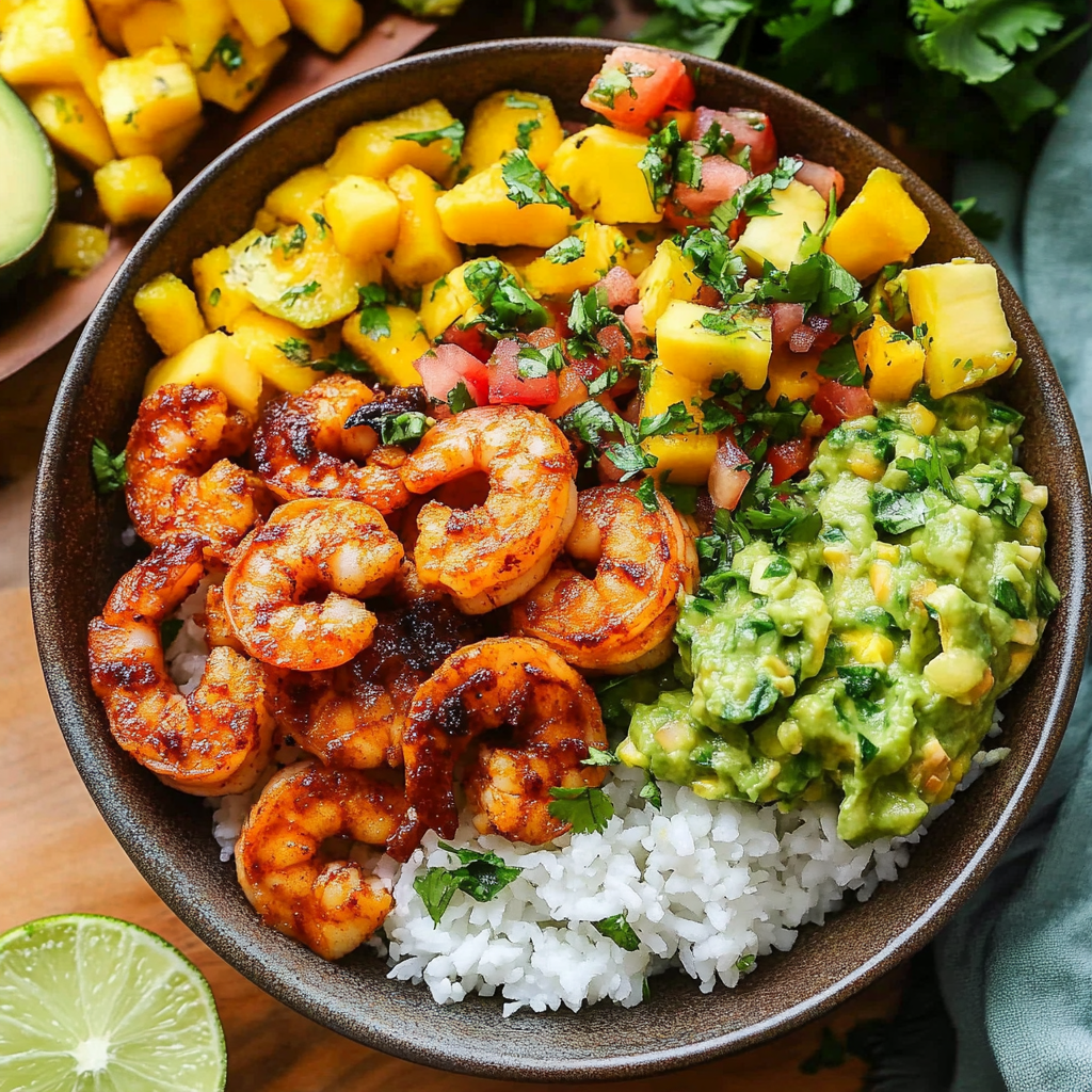 Recipe preparation for Shrimp Avocado Bowl with Mango Salsa