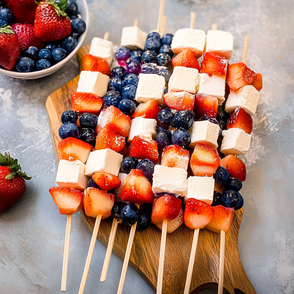 Recipe preparation for Red, White and Blue Fruit Kabobs