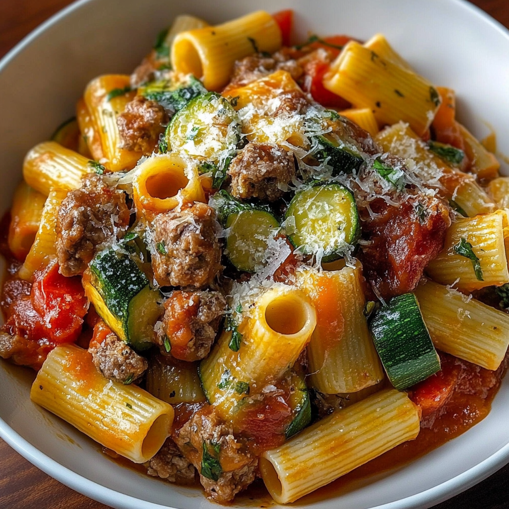 Recipe preparation for Rigatoni with Sausage, Tomatoes, and Zucchini