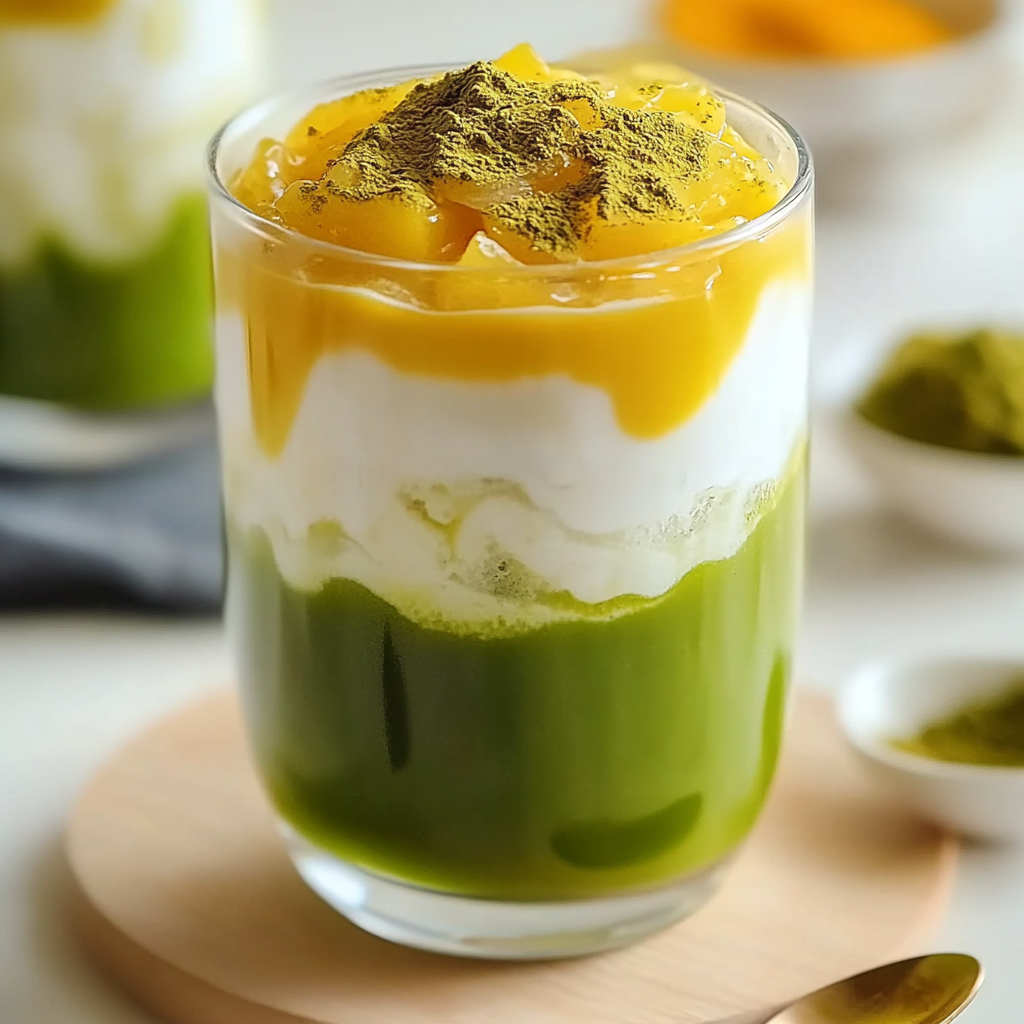 Recipe preparation for Iced Mango Matcha Latte Recipe