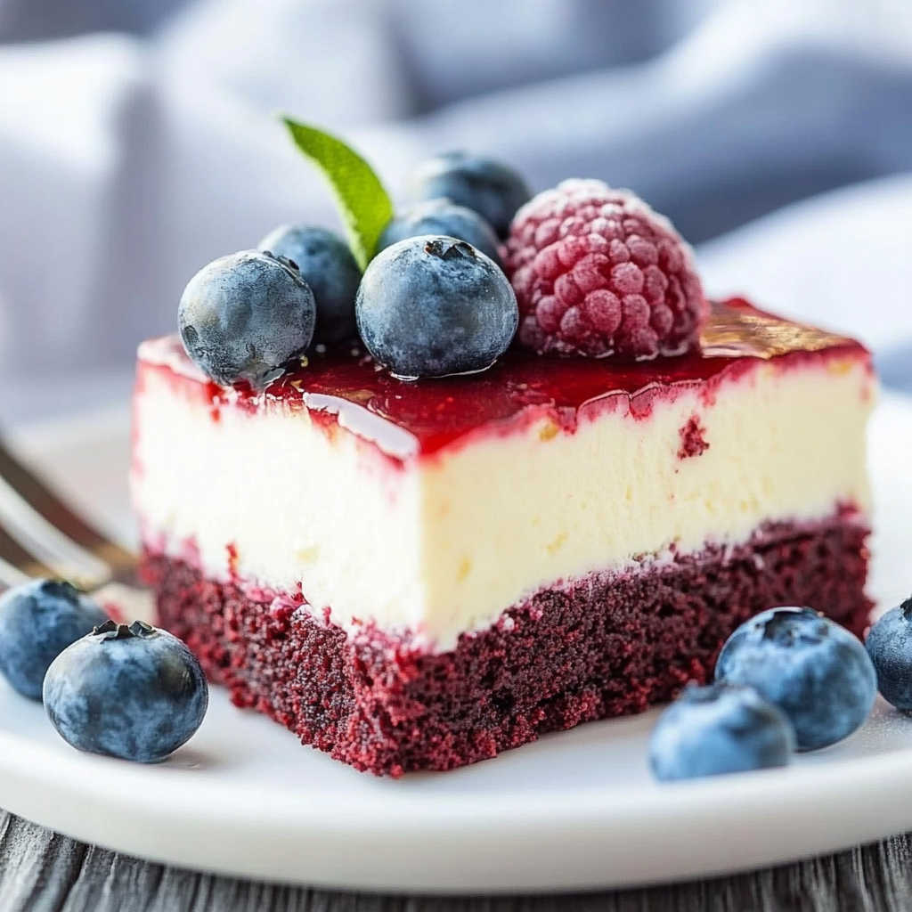Recipe preparation for Fourth of July Red Velvet Cheesecake Bars