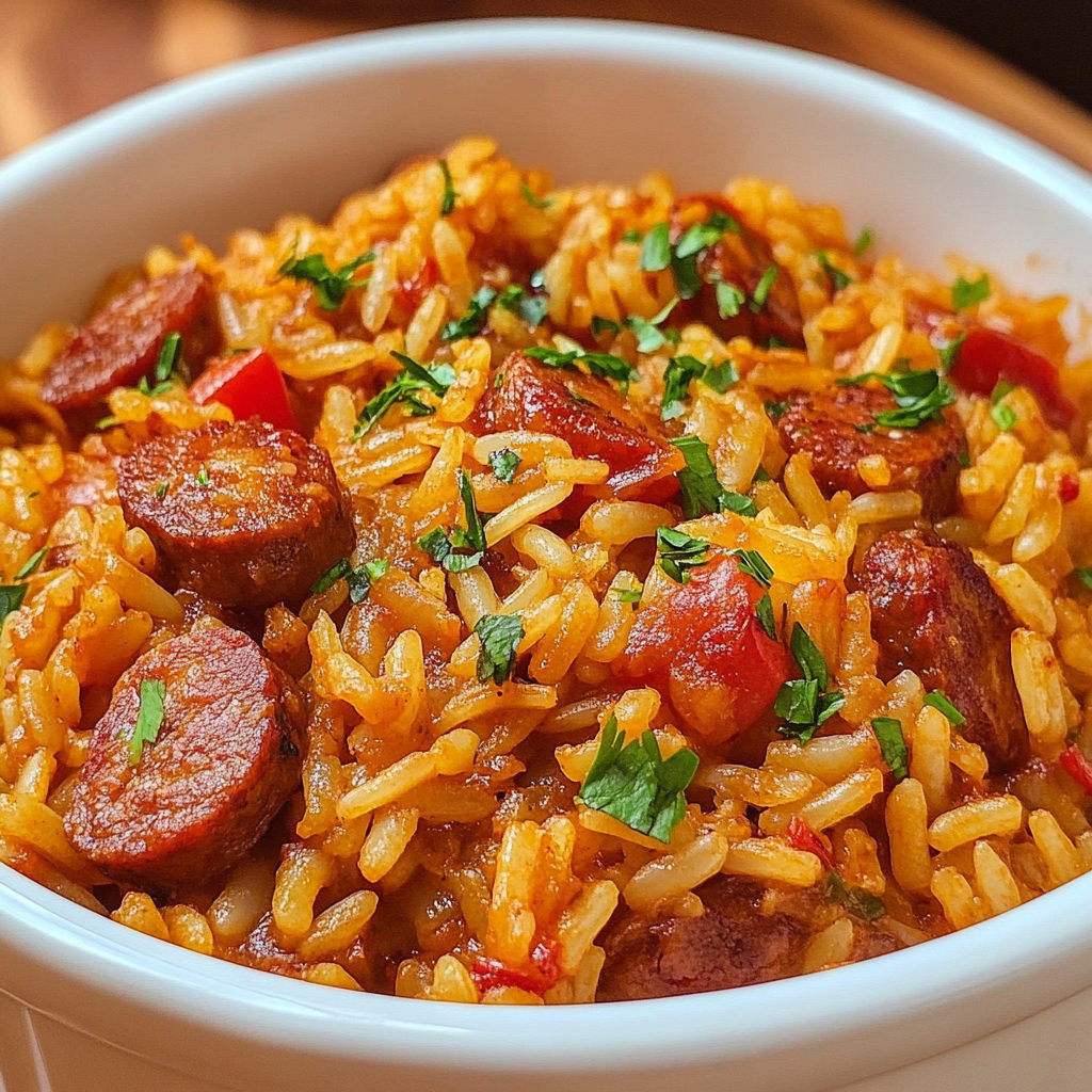 Recipe preparation for One Pot Smoked Sausage Rice
