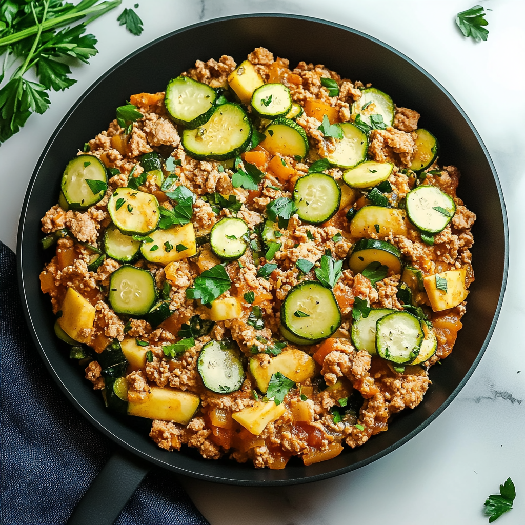 Recipe preparation for Ground Turkey and Zucchini Skillet