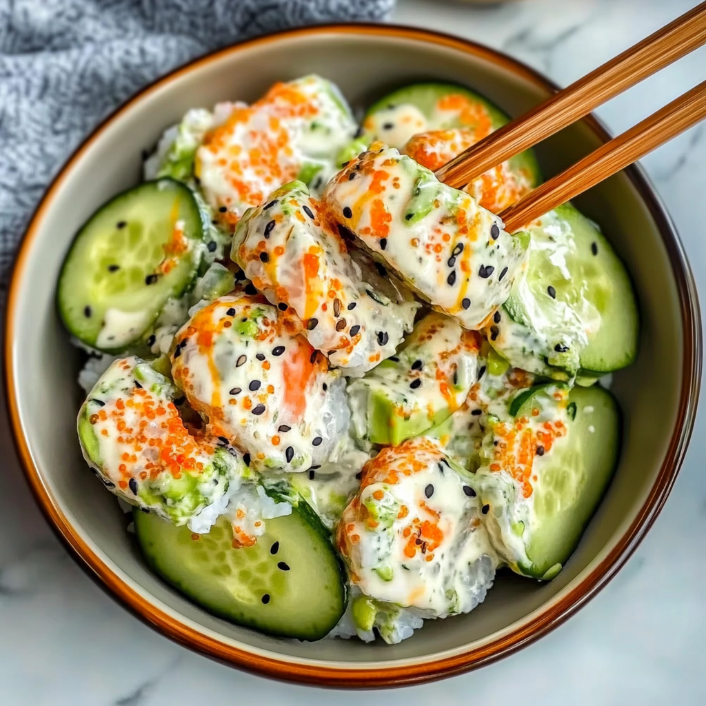 Recipe preparation for California Roll Cucumber Salad