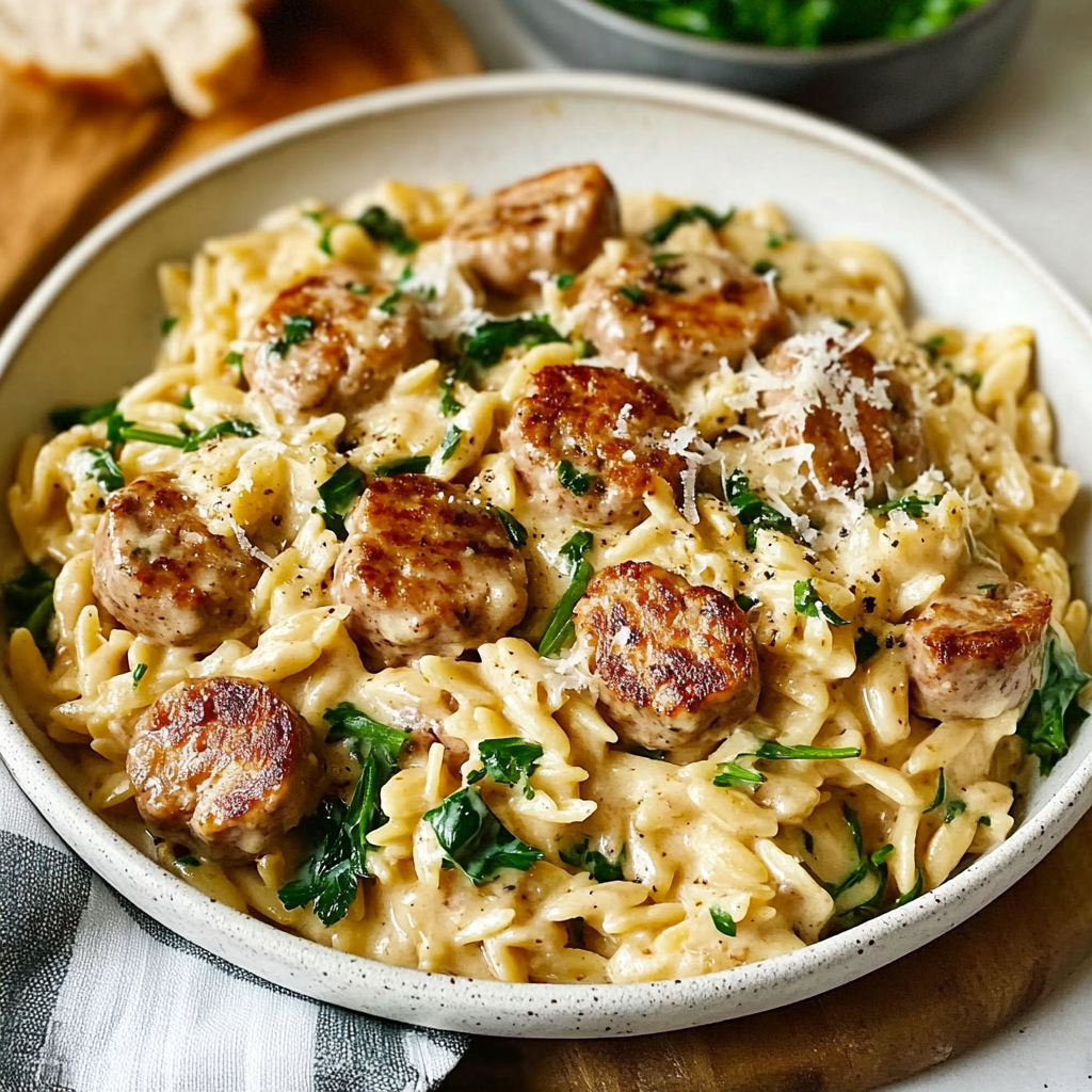 Recipe preparation for Creamy Chicken Sausage Orzo