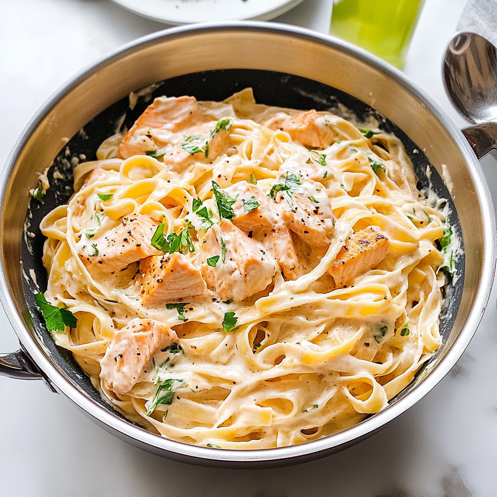 Recipe preparation for Salmon Fettuccine Creamy Alfredo