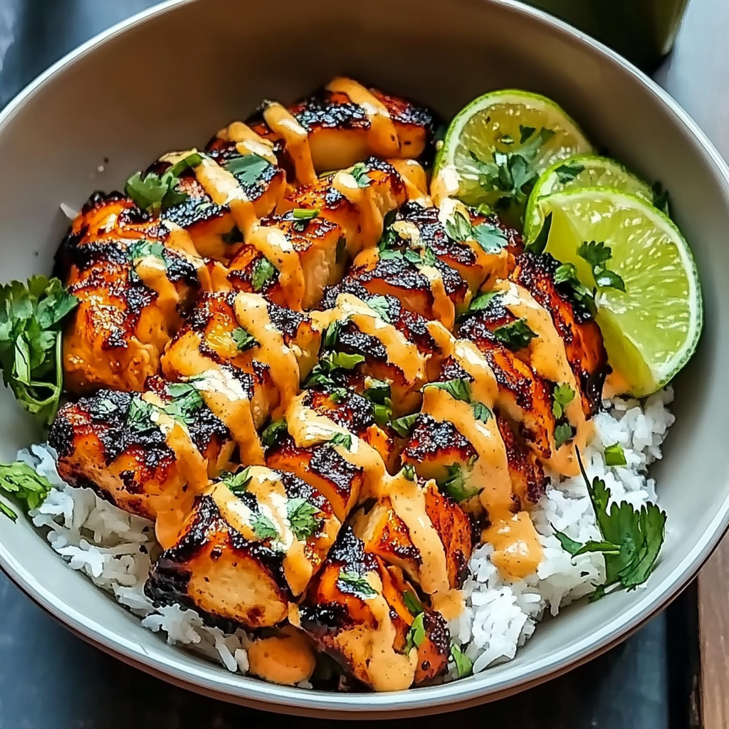 Recipe preparation for Sweet Chili Chicken Bowl with Coconut Lime Drizzle
