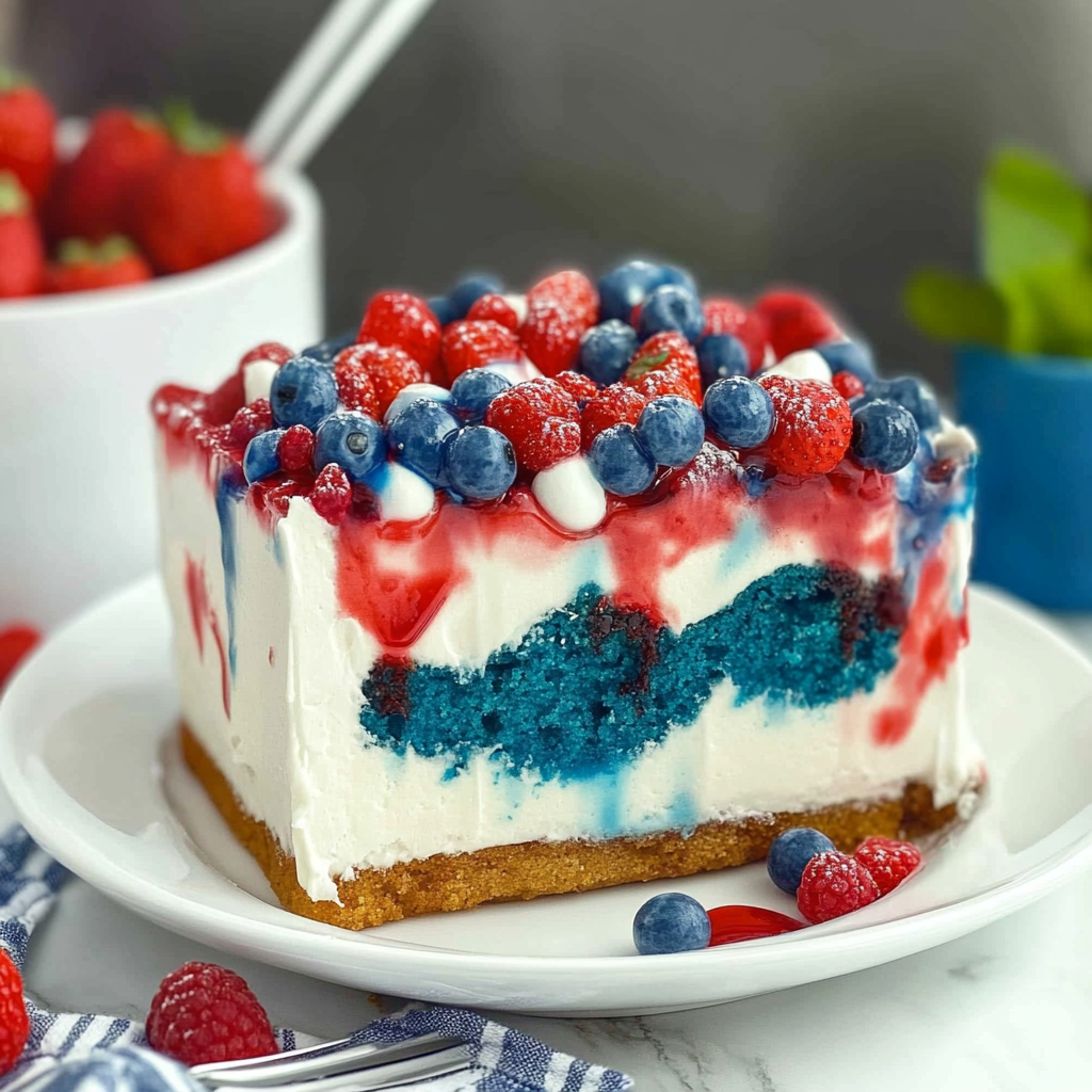 Recipe preparation for 4th of July Patriotic Poke Cake