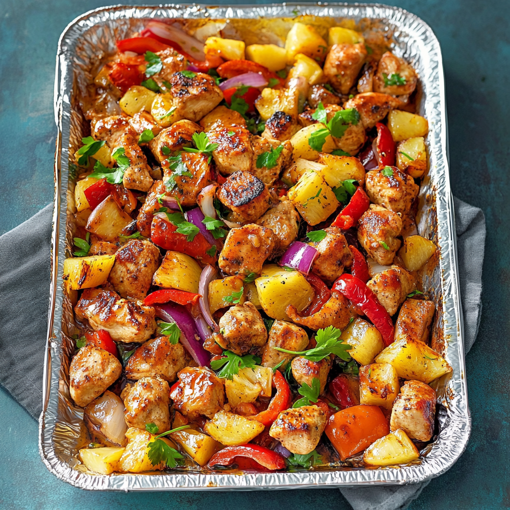 Recipe preparation for Sheet Pan Hawaiian Chicken with Pineapple and Peppers