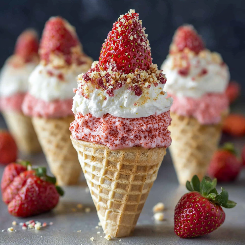Recipe preparation for Strawberry Crunch Cheesecake Cones