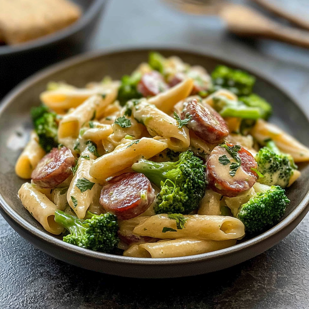 Recipe preparation for Creamy Kielbasa and Broccoli Skillet