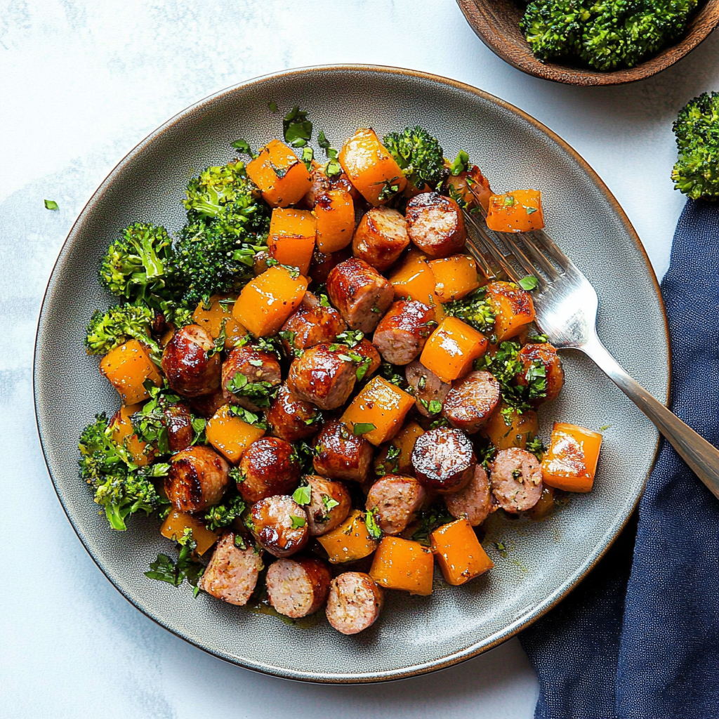 Recipe preparation for Sheet Pan Sausage and Sweet Potatoes with Honey Garlic Sauce
