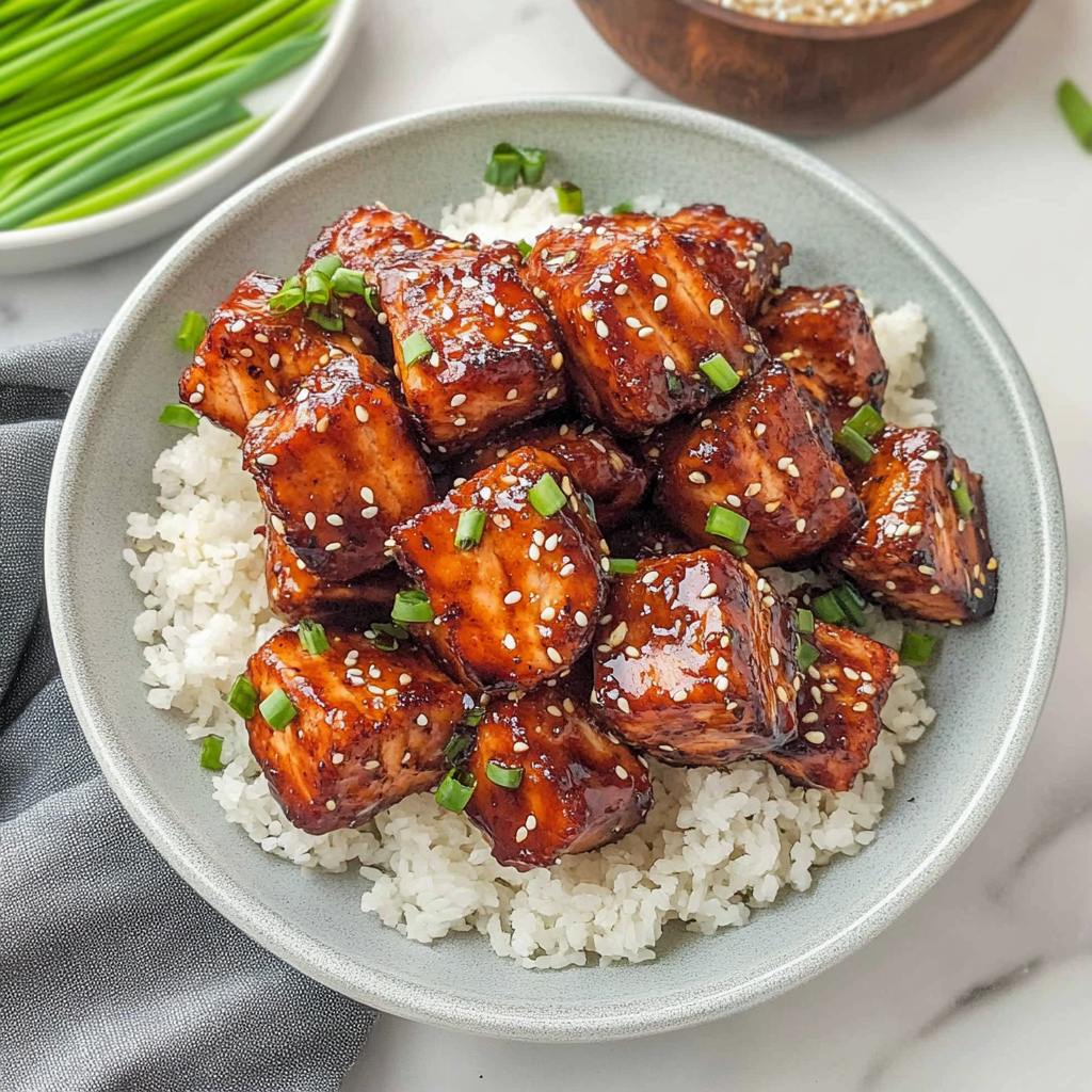 Recipe preparation for Honey Garlic Salmon Bites