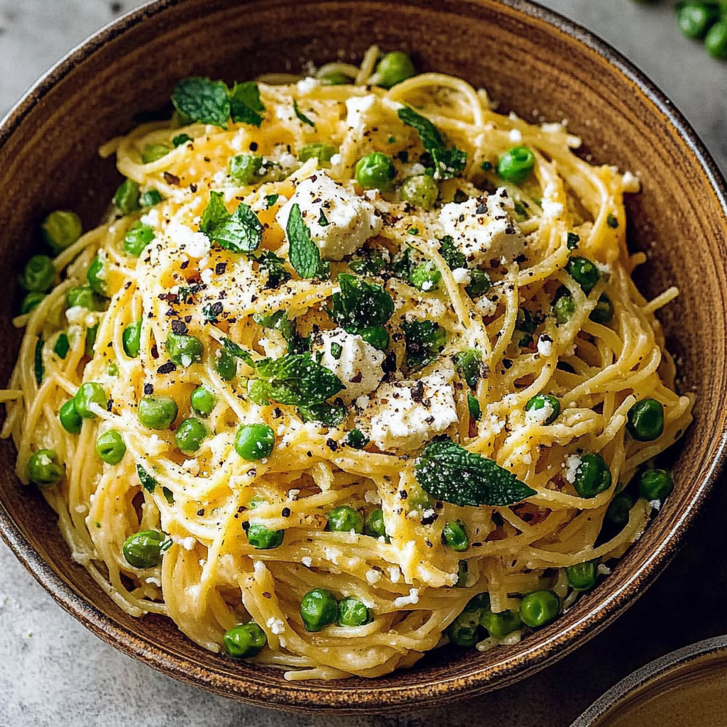 Recipe preparation for Spaghetti Goat Cheese Mint Peas