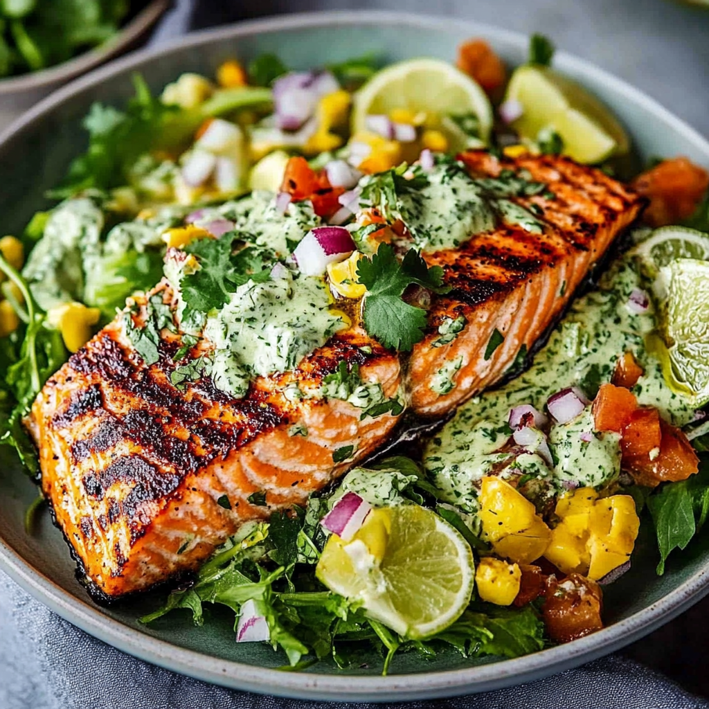 Recipe preparation for Grilled Salmon Cilantro Lime Salad