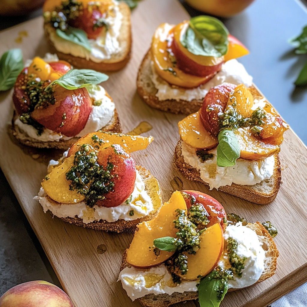 Recipe preparation for Peach Burrata Parmesan Crostini with Hot Honey