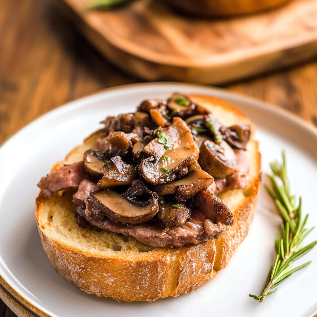 Recipe preparation for Steak and Mushroom Bruschetta