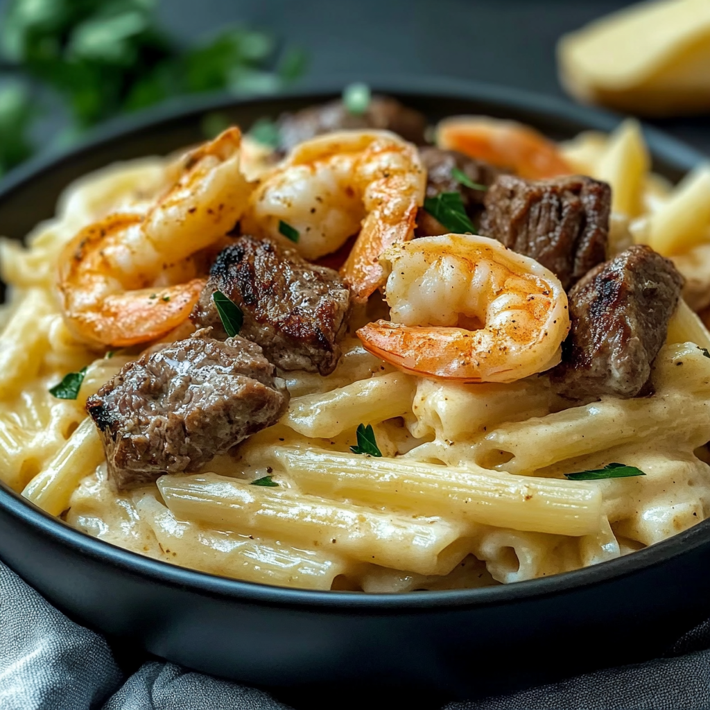Recipe preparation for Cajun Shrimp and Steak Alfredo Pasta