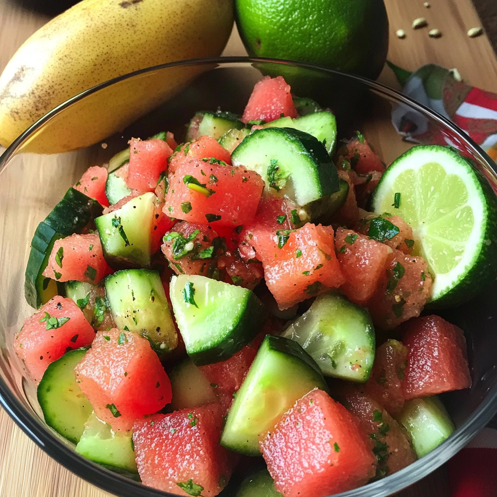 Recipe preparation for Mexican Watermelon Cucumber Salad