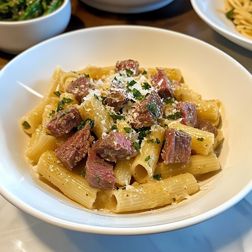 Recipe preparation for Garlic Steak Pasta
