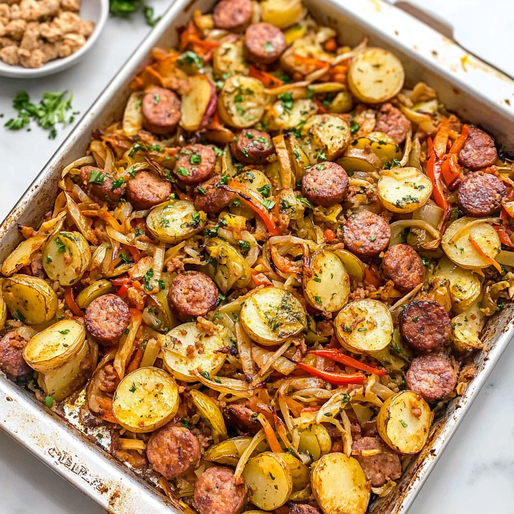Recipe preparation for Sheet Pan Potatoes Sausage and Veggies