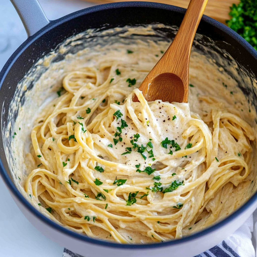 Recipe preparation for Creamy Garlic Pasta