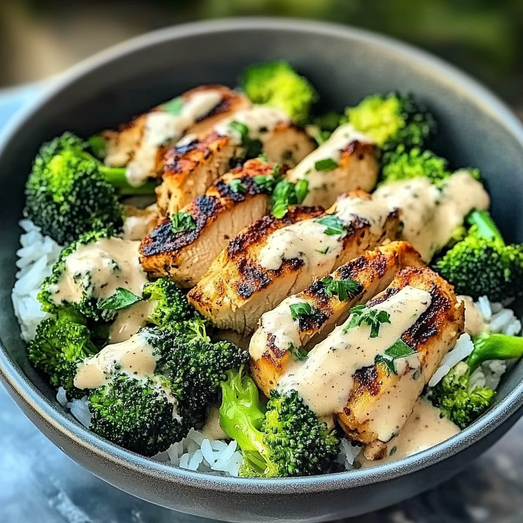 Recipe preparation for Grilled Chicken & Broccoli Bowls with Creamy Garlic Sauce