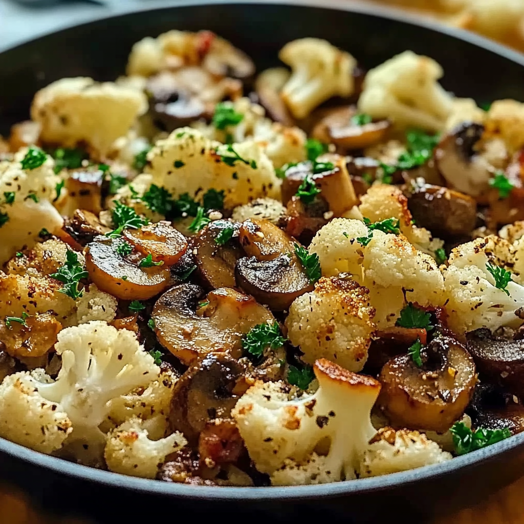 Recipe preparation for Garlic Cauliflower Mushroom Skillet