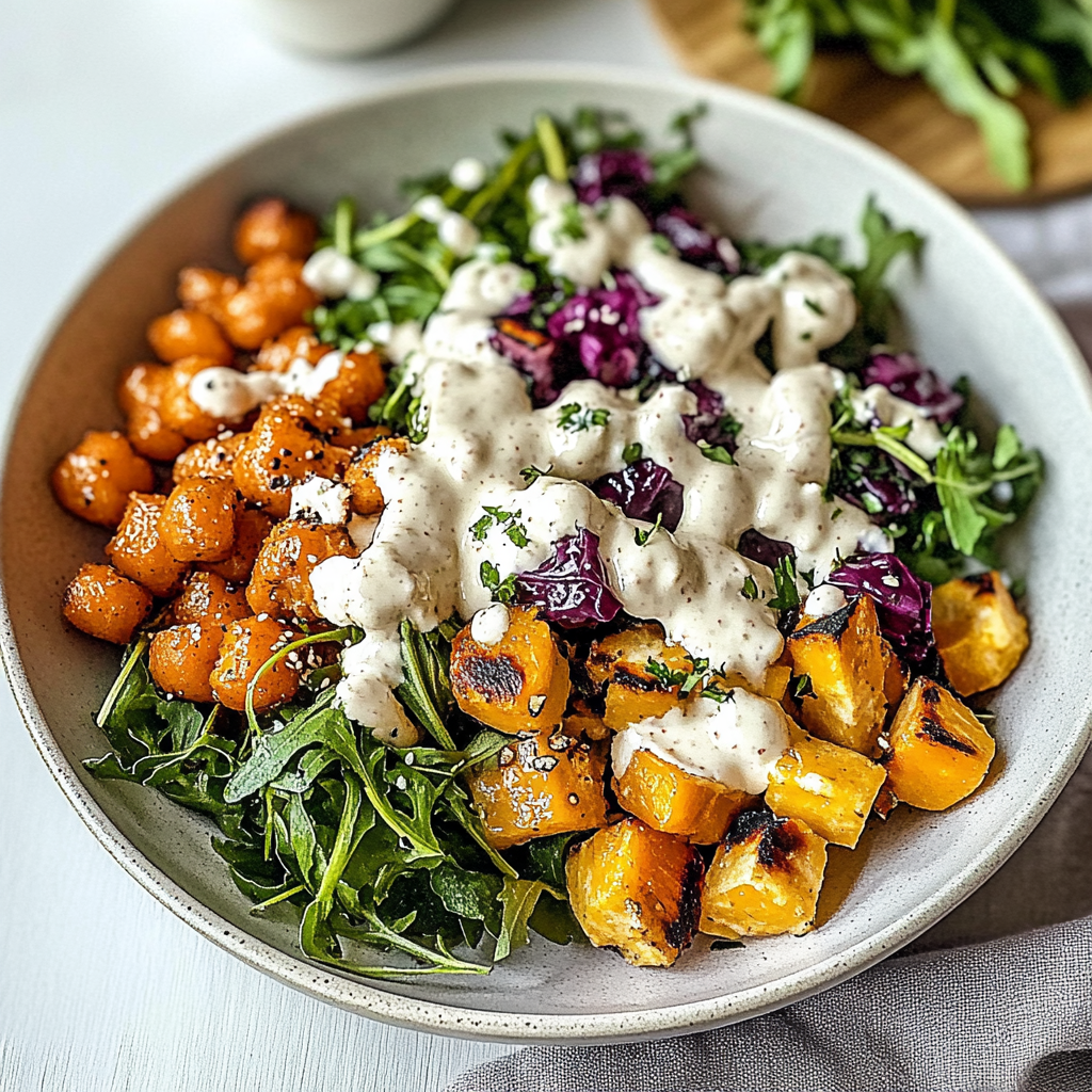 Recipe preparation for Nourish Bowl with Tahini Yogurt Dressing