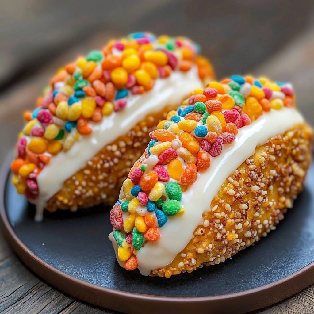 Recipe preparation for Fruity Pebbles Cheesecake Tacos
