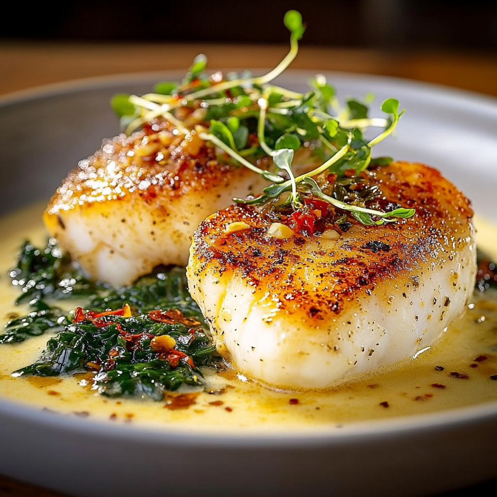 Recipe preparation for Pan-Seared Cod with Garlic Cream Sauce