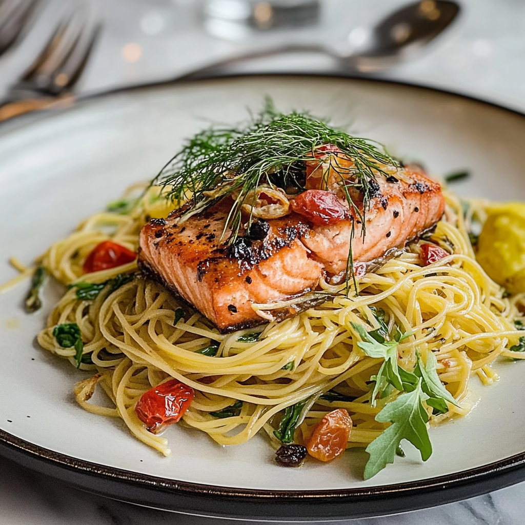 Recipe preparation for Salmon Linguine with Chilli Oil