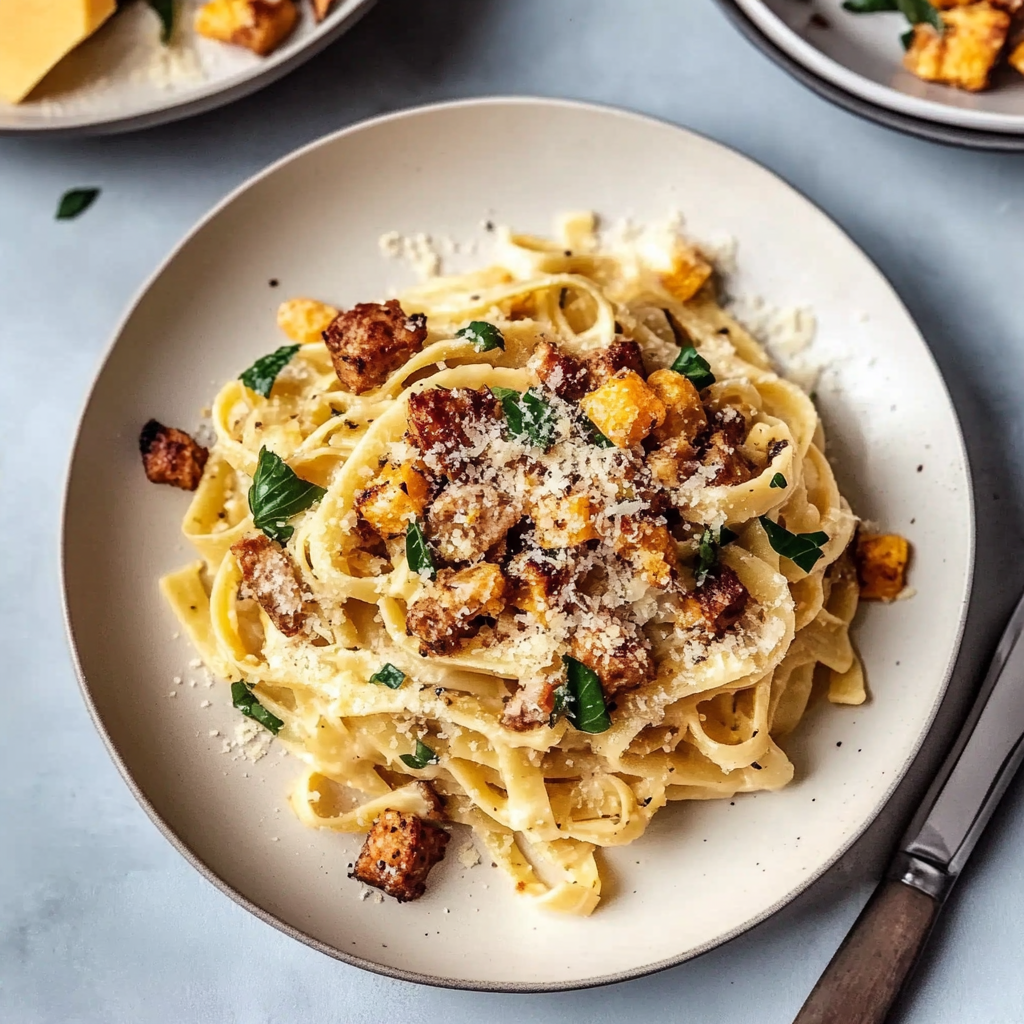 Recipe preparation for Creamy Butternut Squash Pasta with Sausage