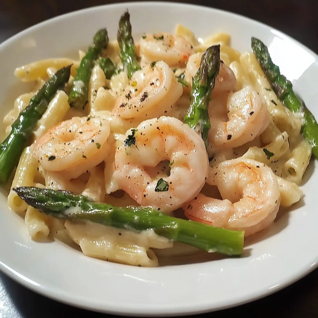 Recipe preparation for Creamy Shrimp and Asparagus Pasta