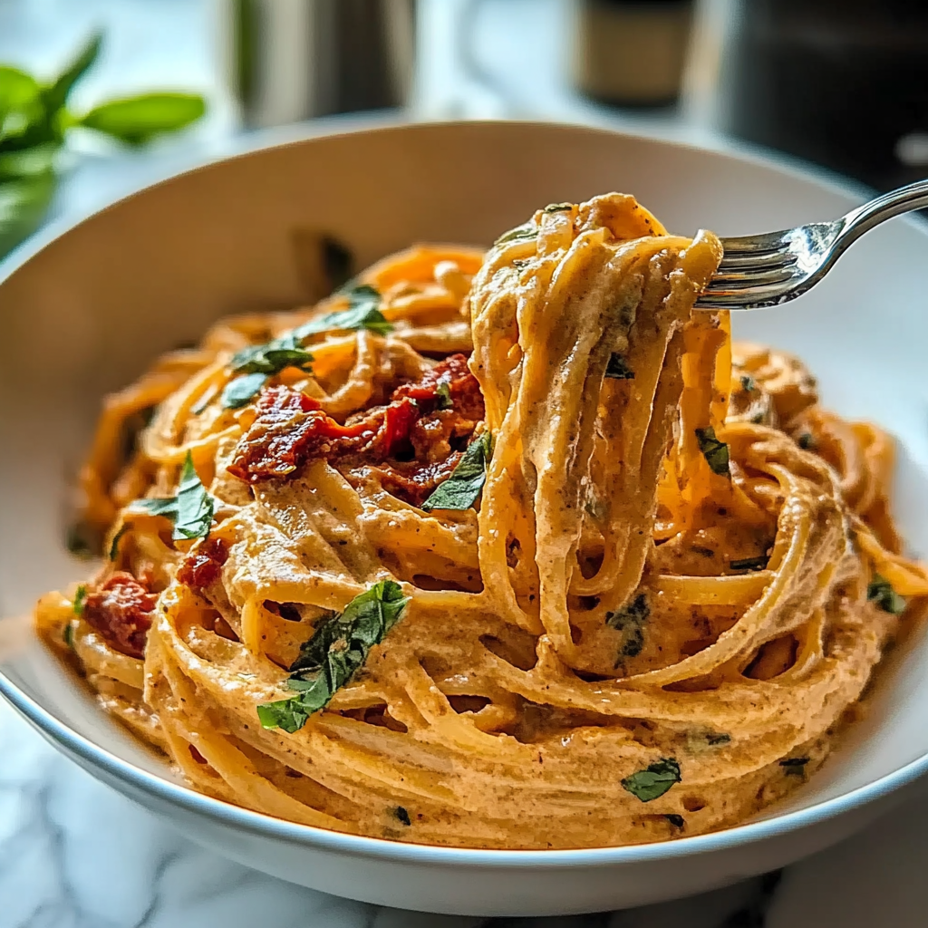 Recipe preparation for Creamy Sun-Dried Tomato Vegan Pasta