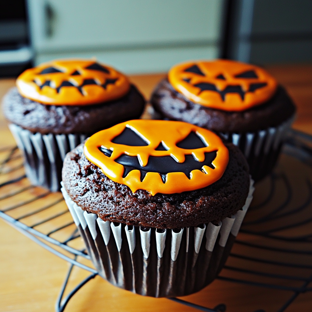 Recipe preparation for Spooky Jack-O-Lantern Cupcakes