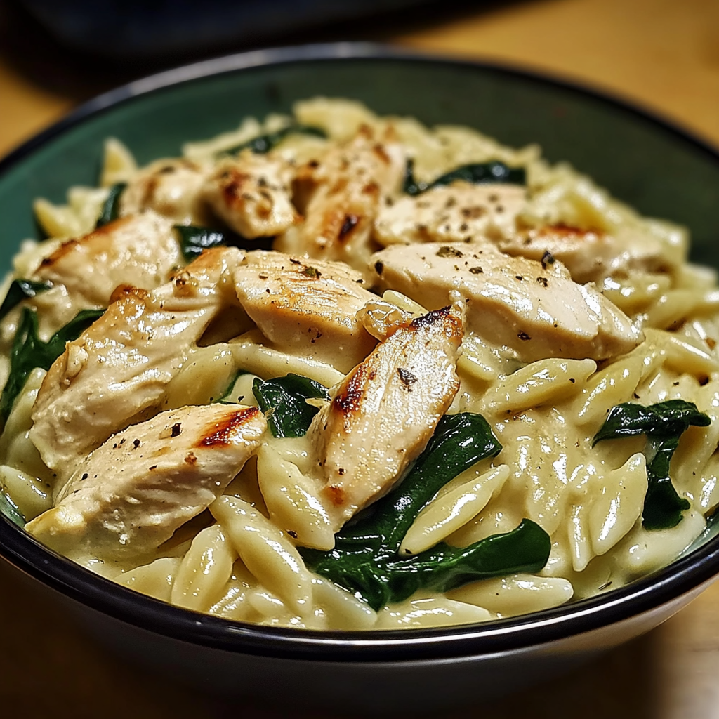 Recipe preparation for Creamy Chicken and Spinach Orzo